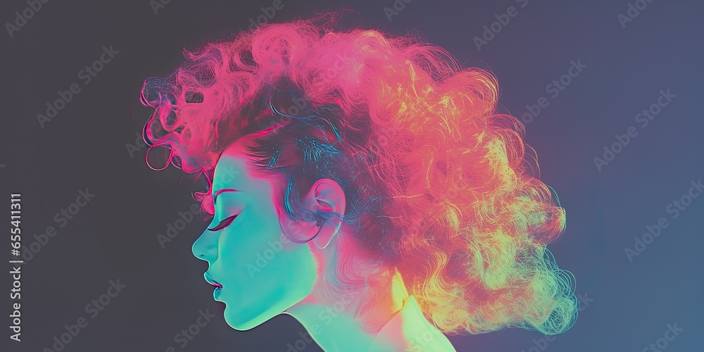Woman in neon light with fabulous hair