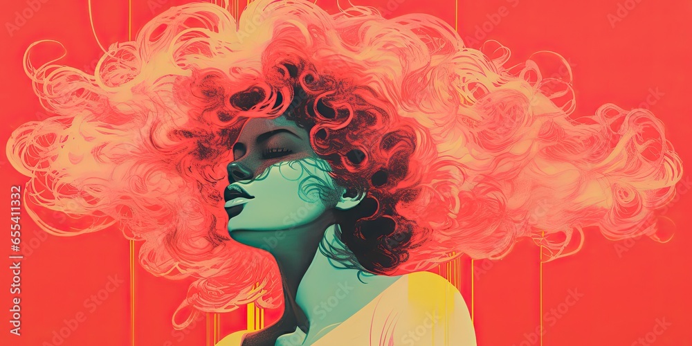 Woman in neon light with fabulous hair Woman in neon light with fabulous hair