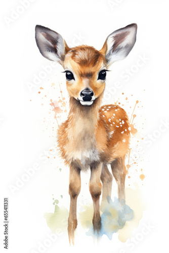 Baby deer fawn surrounded by foliage isolated on white watercolor style