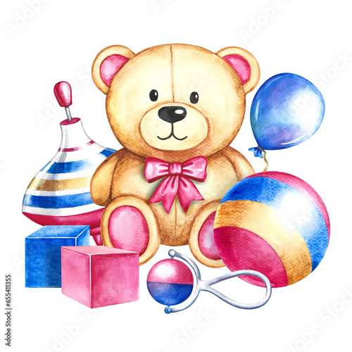 Children's toys are a ball, a spinning top, cubes and a teddy bear. Handmade watercolor illustration. For the design of children's books, postcards and flyer. For labels packaging of children's goods © ANTONINA MASLOVA