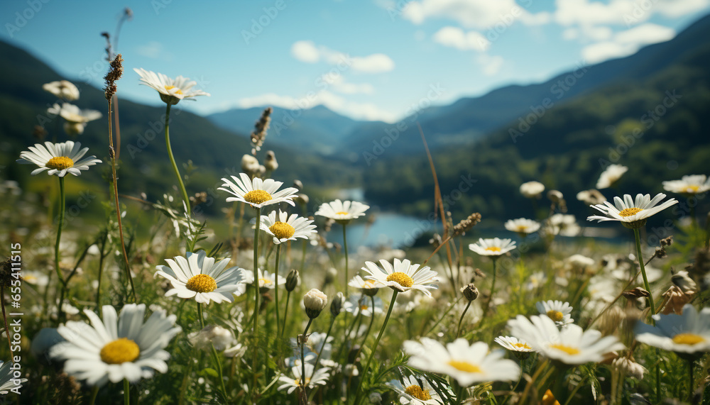 Nature beauty in a summer meadow  daisies, grass, and chamomile generated by AI