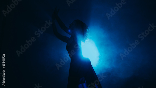 Body performance. Silhouette choreography. Passionate emotional beautiful woman dancing in blue steam spot light on dark background copy space.