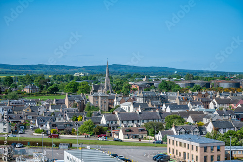 Invergordon Cityscape with Cathedral and City center, Scotland, drone shot