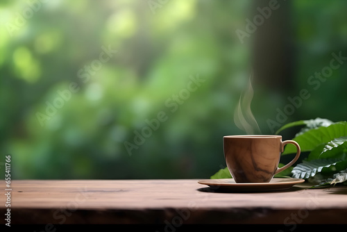 Cup of coffee on wooden table, space for text. Background with nature out of focus photo