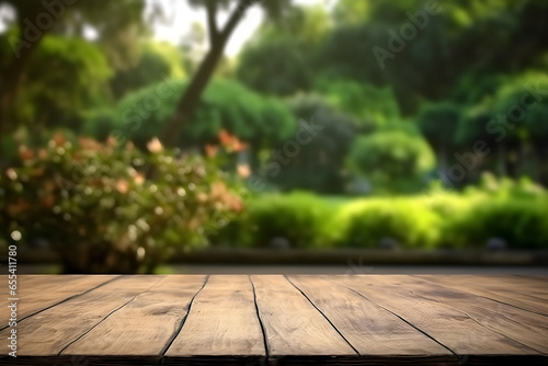 Table to place advertising  promotion  brand or product  out of focus garden background