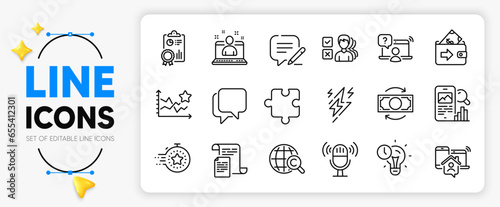 Microphone, Timer and Change money line icons set for app include Ranking stars, Documents, Time management outline thin icon. Inspect, Best manager, Lightning bolt pictogram icon. Vector