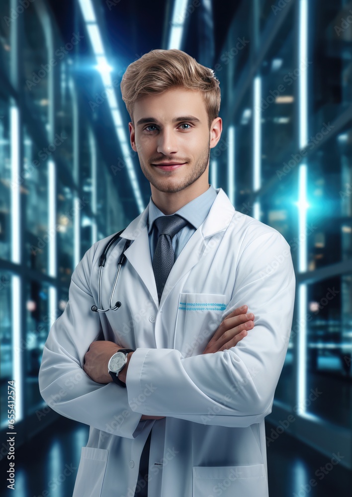 Portrait of handsome men doctor working in modern looking hospital. Generative Ai. Portrait of handsome men doctor working in modern looking hospital. Generative Ai.