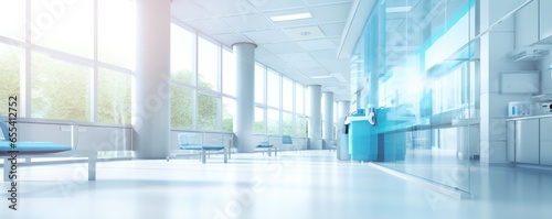 Nice modern interior of new luxury hospital  bright colors  banner panorama.  Generative Ai.