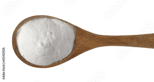 Foto Sodium carbonate in wooden spoon, Na2CO3, soda powder isolated on white, top vie