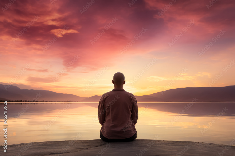 A reflective cancer patient gazing at a sunset isolated on a melancholic gradient background 