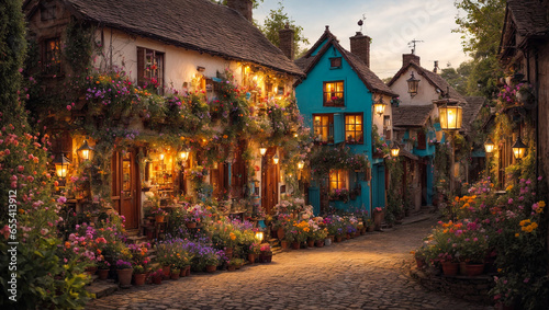 Cute village street, houses, flowers, summer