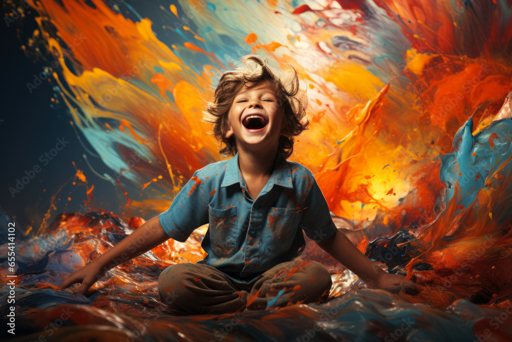 A brave child painting his battle isolated on a vibrant gradient background 