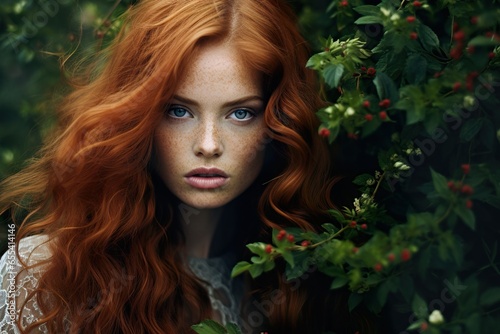 Portrait of a young beautiful redhead woman with beautiful hair posing in nature. © Stock Rocket