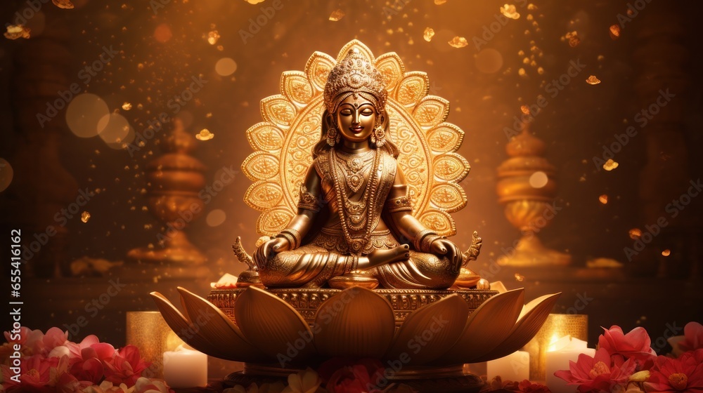 Gold statue of Goddess of wealth Lakshmi sitting cross cross in gold colors