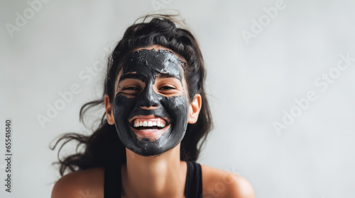 woman wearing a black charcoal mask for natural facial care in morning skin care routine, woman with brown hair and a beaming smile, cosmetic add banner on a white background 