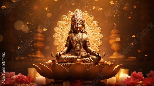 Gold statue of Goddess of wealth Lakshmi sitting cross cross in gold colors