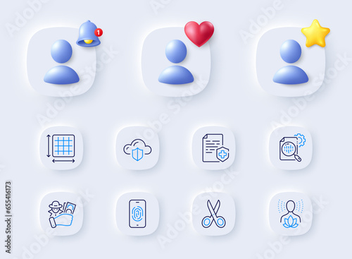 Yoga balance, Fraud and Square area line icons. Placeholder with 3d bell, star, heart. Pack of Medical certificate, Cut, Fingerprint icon. Cloud protection, Seo stats pictogram. Vector