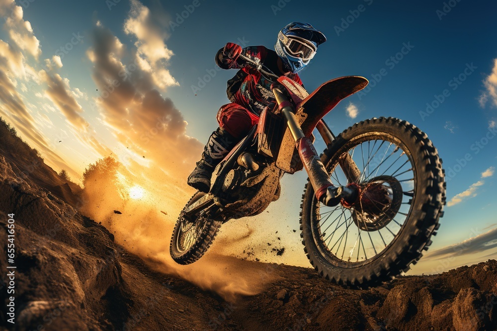 Dirt bike stunt in air, sunset wide angle in dirt track - obrazy, fototapety, plakaty 
