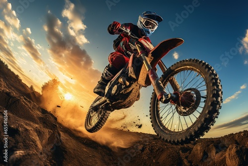 Dirt bike stunt in air, sunset wide angle in dirt track photo