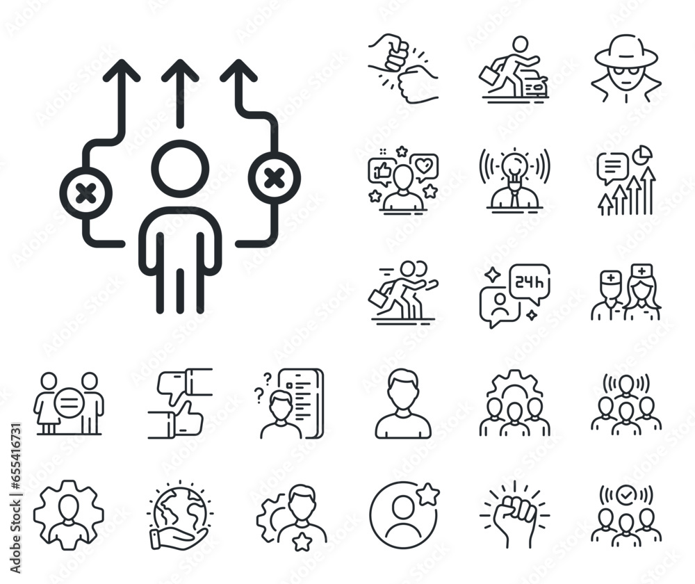 Business way sign. Specialist, doctor and job competition outline icons. Correct working process line icon. Choose path symbol. Business way line sign. Avatar placeholder, spy headshot icon. Vector