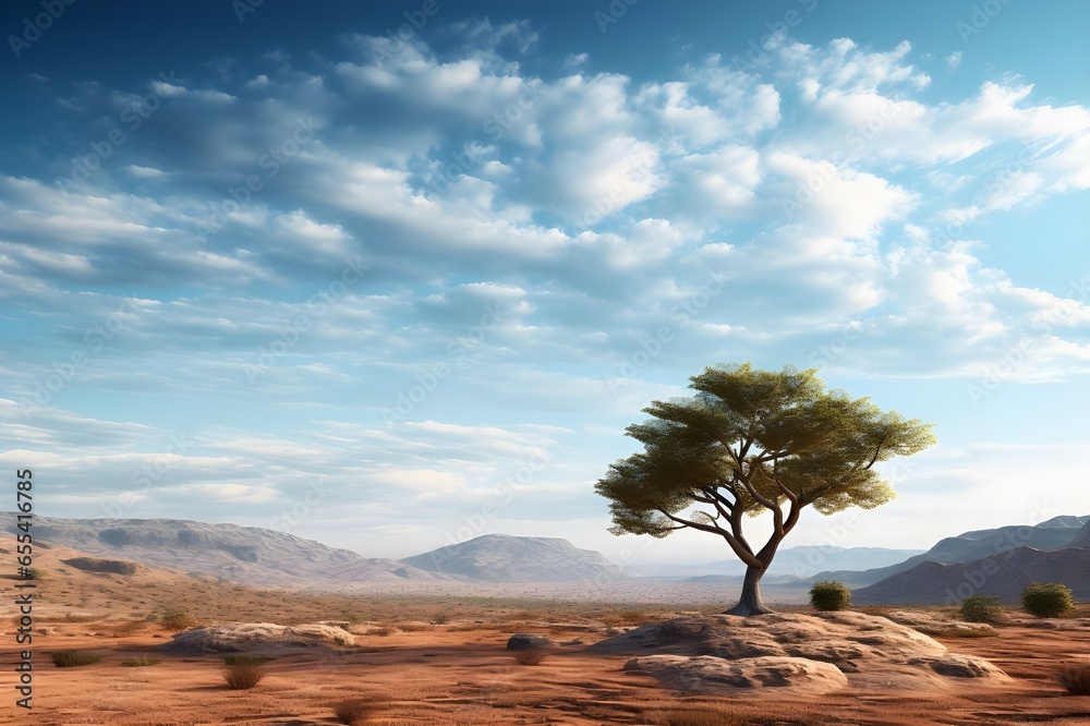 A lone tree standing resilient in a vast, arid desert landscape.