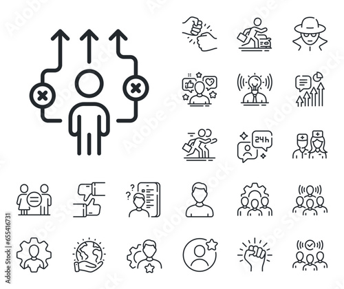 Business way sign. Specialist, doctor and job competition outline icons. Correct working process line icon. Choose path symbol. Business way line sign. Avatar placeholder, spy headshot icon. Vector