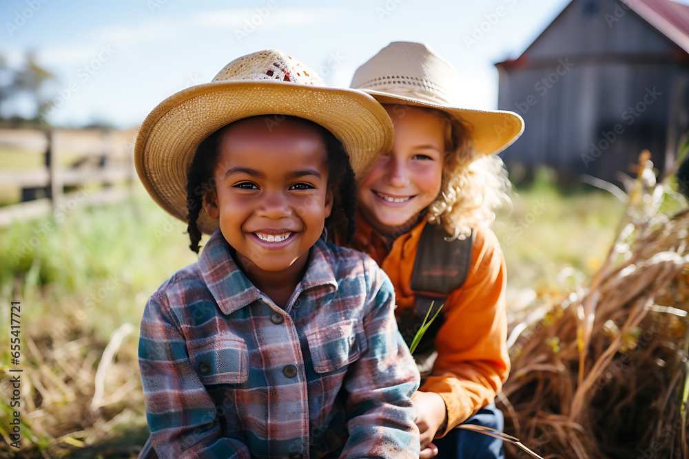 African American and European cowgirls in cowboy hats looking at the camera and smiling