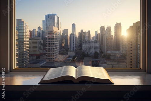 an open book on a window with the city view in background
