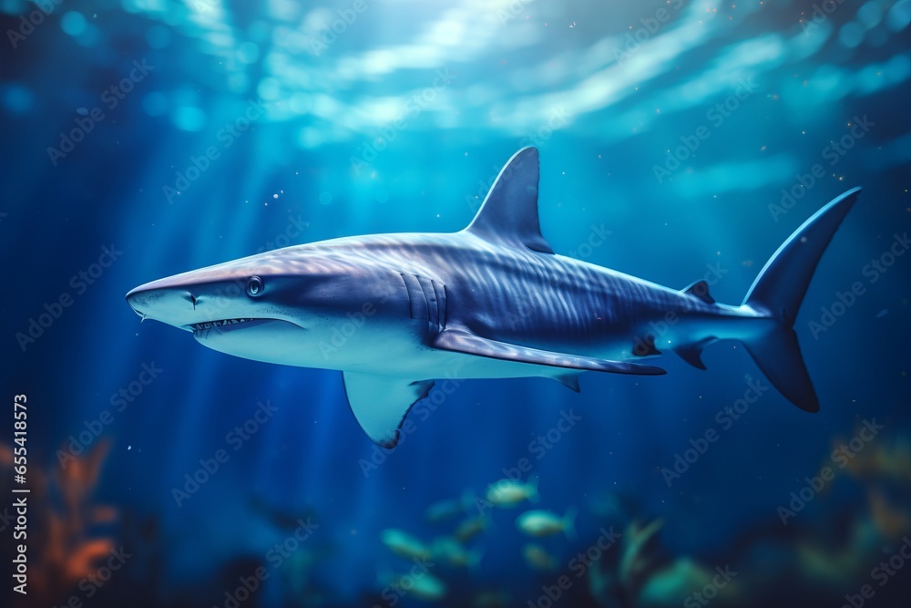 blue shark swimming underwater in the sea water