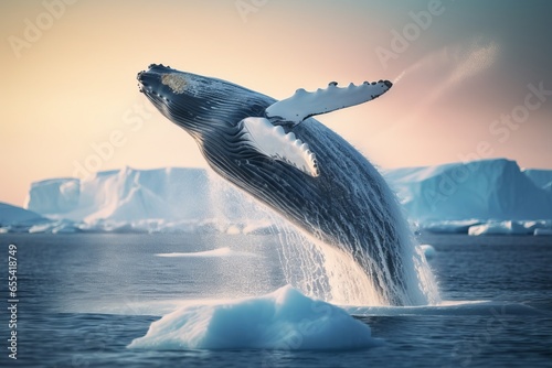 blue whale jumping out of the water next to icebergs in the arctic ocean © urdialex