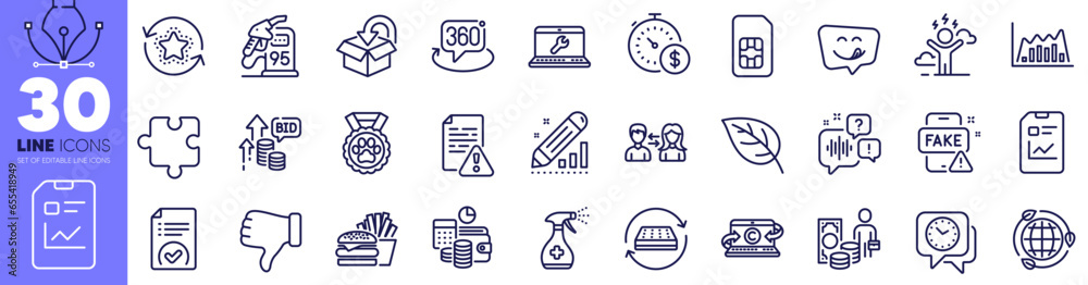 Difficult stress, Dog competition and Medical cleaning line icons pack. Voicemail, Money profit, Sim card web icon. 360 degree, Report document, Last minute pictogram. Burger. Vector