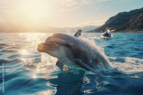 dolphins swimming out of the water in the sea at sunset