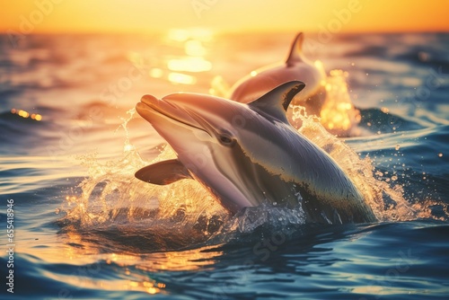 Fototapeta dolphins swimming out of the water in the sea at sunset