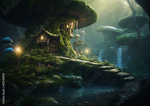 closeup small house forest waterfall stunning fairy houses shape mushrooms arcane league legends candy night asgard