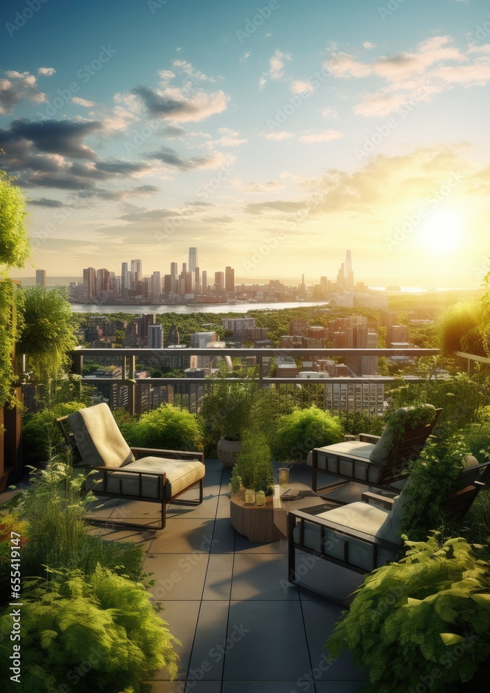 Urban rooftop garden with a lot lush greenery, seating areas, views. Generative Ai.