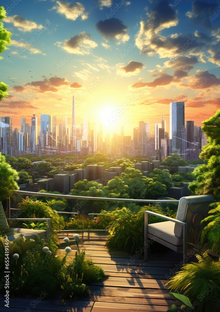 Fototapeta premium Urban rooftop garden with a lot lush greenery, seating areas, views. Generative Ai.