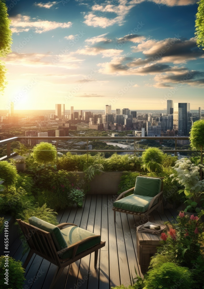 Fototapeta premium Urban rooftop garden with a lot lush greenery, seating areas, views. Generative Ai.