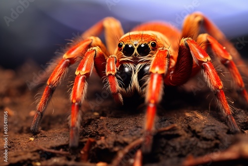 extreme macro shot of a vibrant red spider looking to camera photo