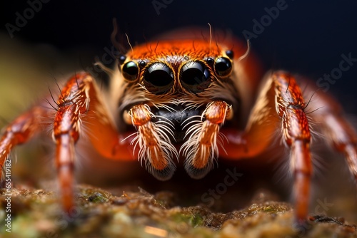 extreme macro shot of a vibrant red spider looking to camera