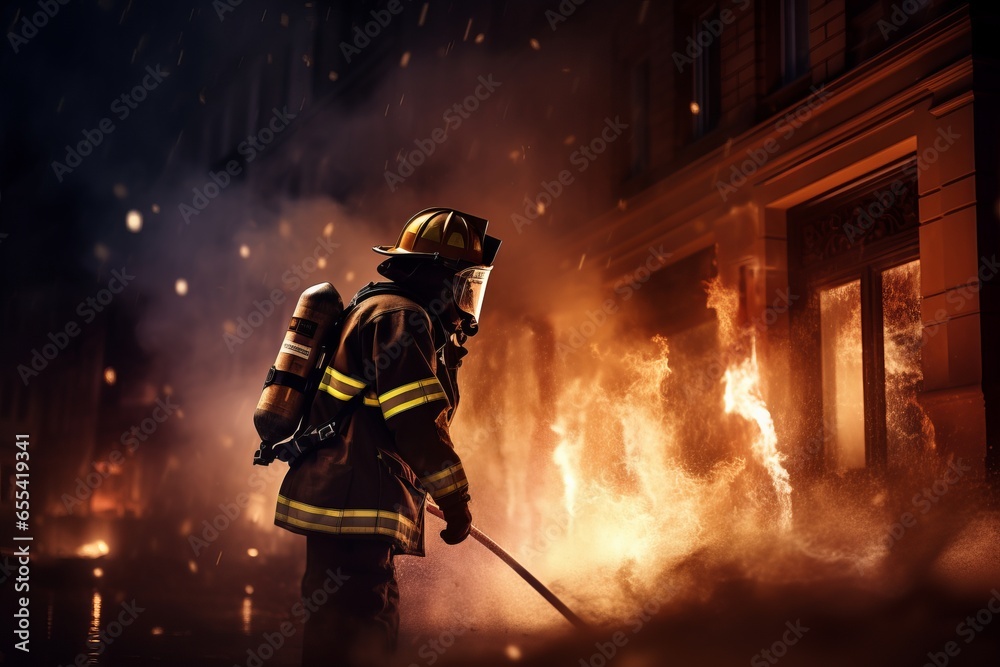 firefighters wearing full equipment fighting against fire in a burning building in the city