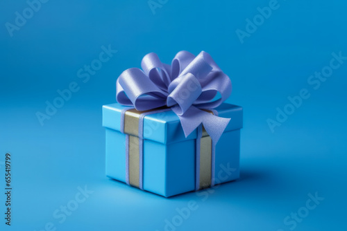 Blue gift box with ribbon and bow for man and boy isolated on blue background.Holiday gift with Birthday or Christmas present,flat lay,top view,father's day,copy space