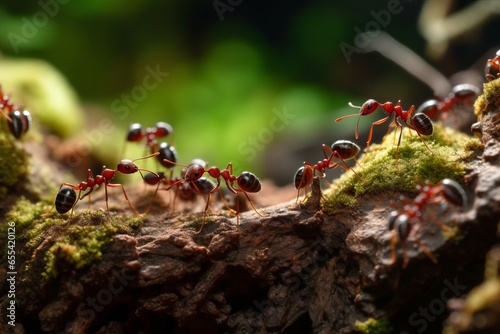 macro shot of red ants marching on the forest ground  © urdialex