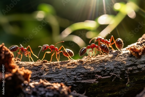 macro shot of red ants marching on the forest ground 