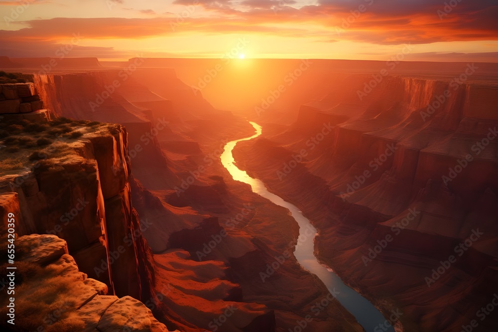 A breathtaking canyon bathed in the soft, warm glow of the setting sun.