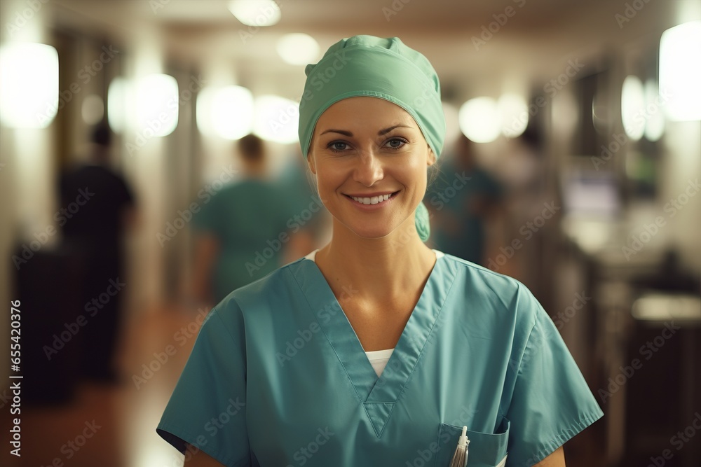 caucasic nurse woman looking to camera with a smile in a hospital caucasic nurse woman looking to camera with a smile in a hospital