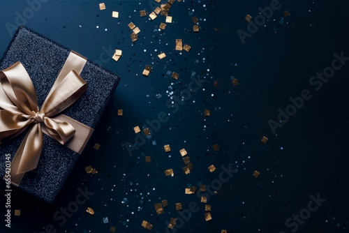 Dark blue gift box with ribbon and bow for man and boy isolated on blue background.Holiday gift with Birthday or Christmas present,flat lay,top view,father's day,copy space