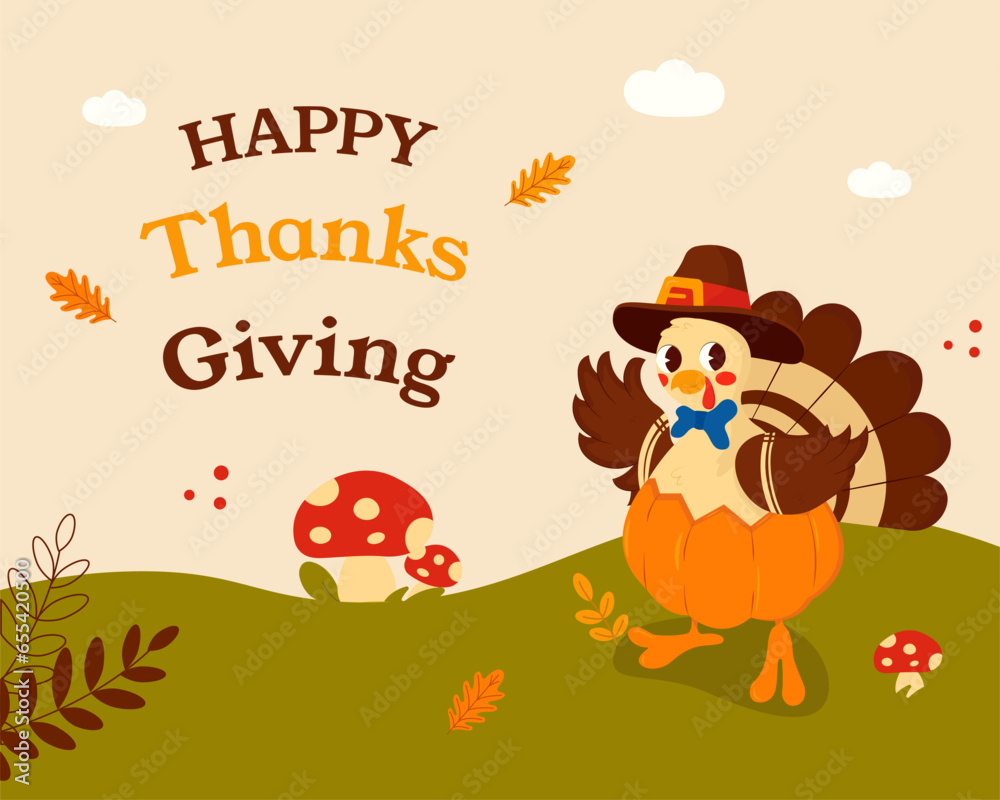 Naklejka premium Thanksgiving Day. Banner, inscription on card. Turkey, pumpkins, Autumn harvest in a basket, autumn leaves. Vector graphics in cartoon style.