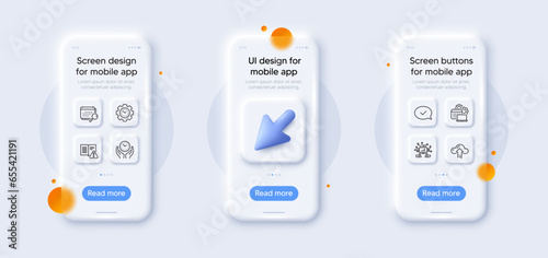 Teamwork, Safe time and Instruction manual line icons pack. 3d phone mockups with cursor. Glass smartphone screen. Software, Approved message, Cloud upload web icon. Vector