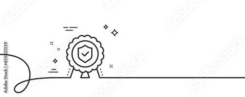 Insurance medal line icon. Continuous one line with curl. Certified risk coverage sign. Confirmed protection symbol. Insurance medal single outline ribbon. Loop curve pattern. Vector