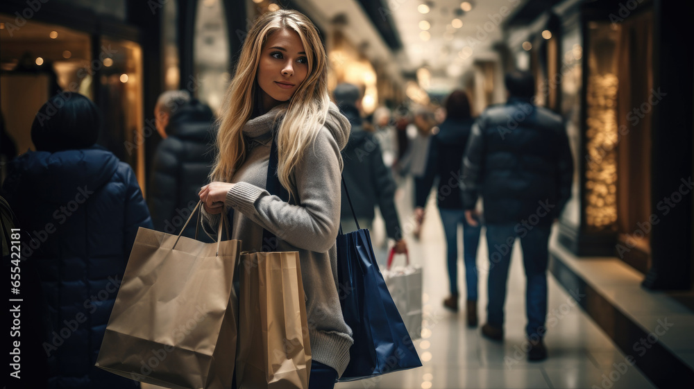 Smiling beautiful girl with shopping in mall on black friday. Smiling beautiful girl with shopping in mall on black friday.